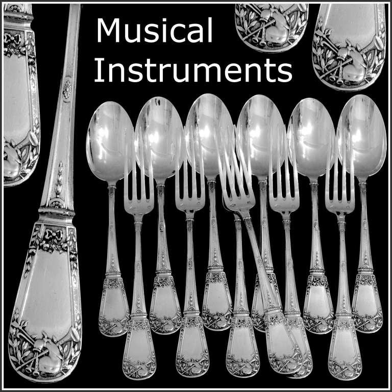 Fabulous French Sterling Silver Dessert Flatware 12 pc w/box Musical Instruments

A rare entremet/dessert flatware with fabulous Louis XVI decoration. Handles have a sophisticated musical instruments, foliage and ribbons decoration.  No