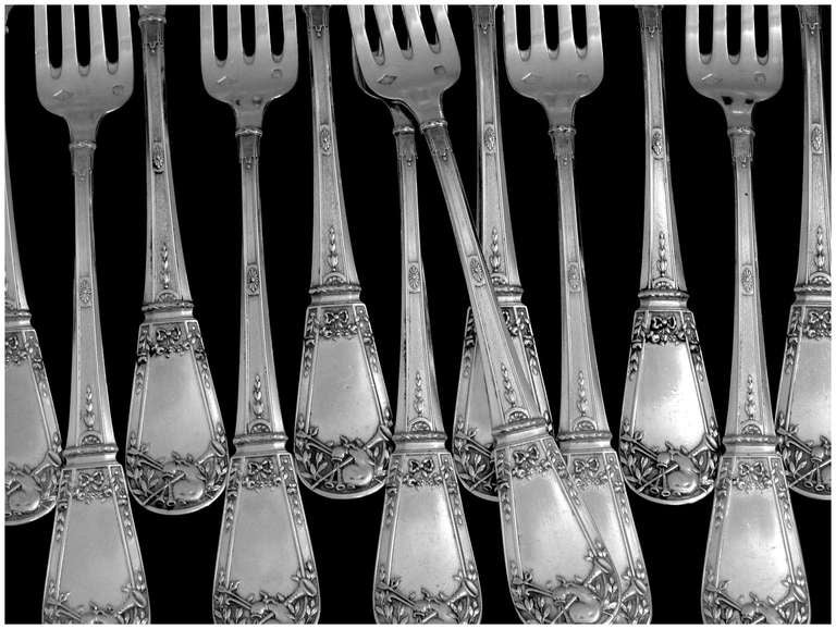 Fabulous French Sterling Silver Dessert Flatware 12 pc w/box Musical Instruments For Sale 3