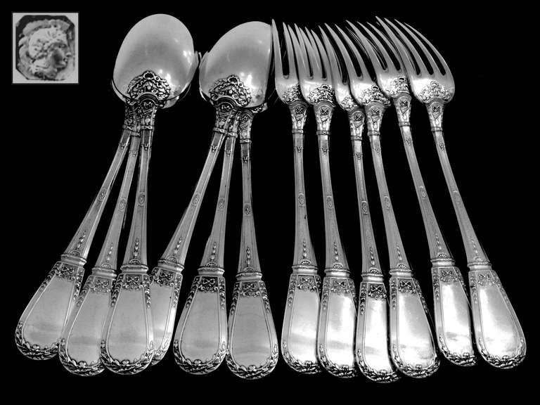 Fabulous French Sterling Silver Dessert Flatware 12 pc w/box Musical Instruments For Sale 5