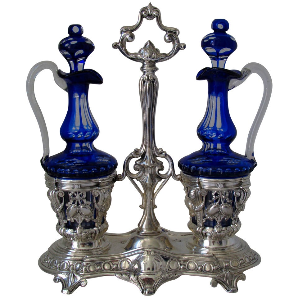 Imposing French Sterling Silver Oil and Vinegar Cruet Set Baccarat Cobalt Blue For Sale