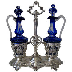 Imposing French Sterling Silver Oil and Vinegar Cruet Set Baccarat Cobalt Blue