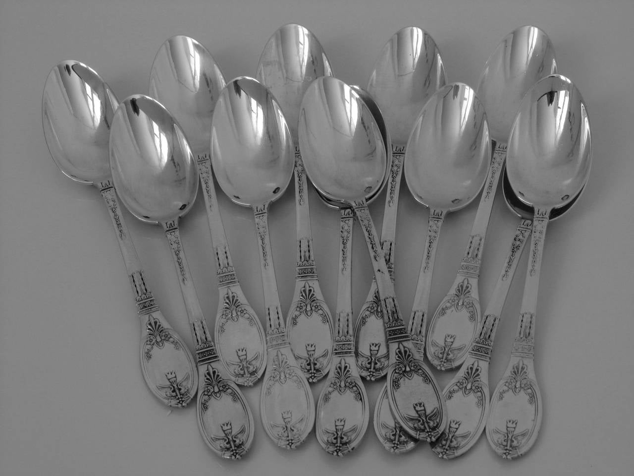 Lapparra French Sterling Silver Tea/Coffee Spoons Set 12 pc w/box Empire In Good Condition In Triaize, Pays de Loire