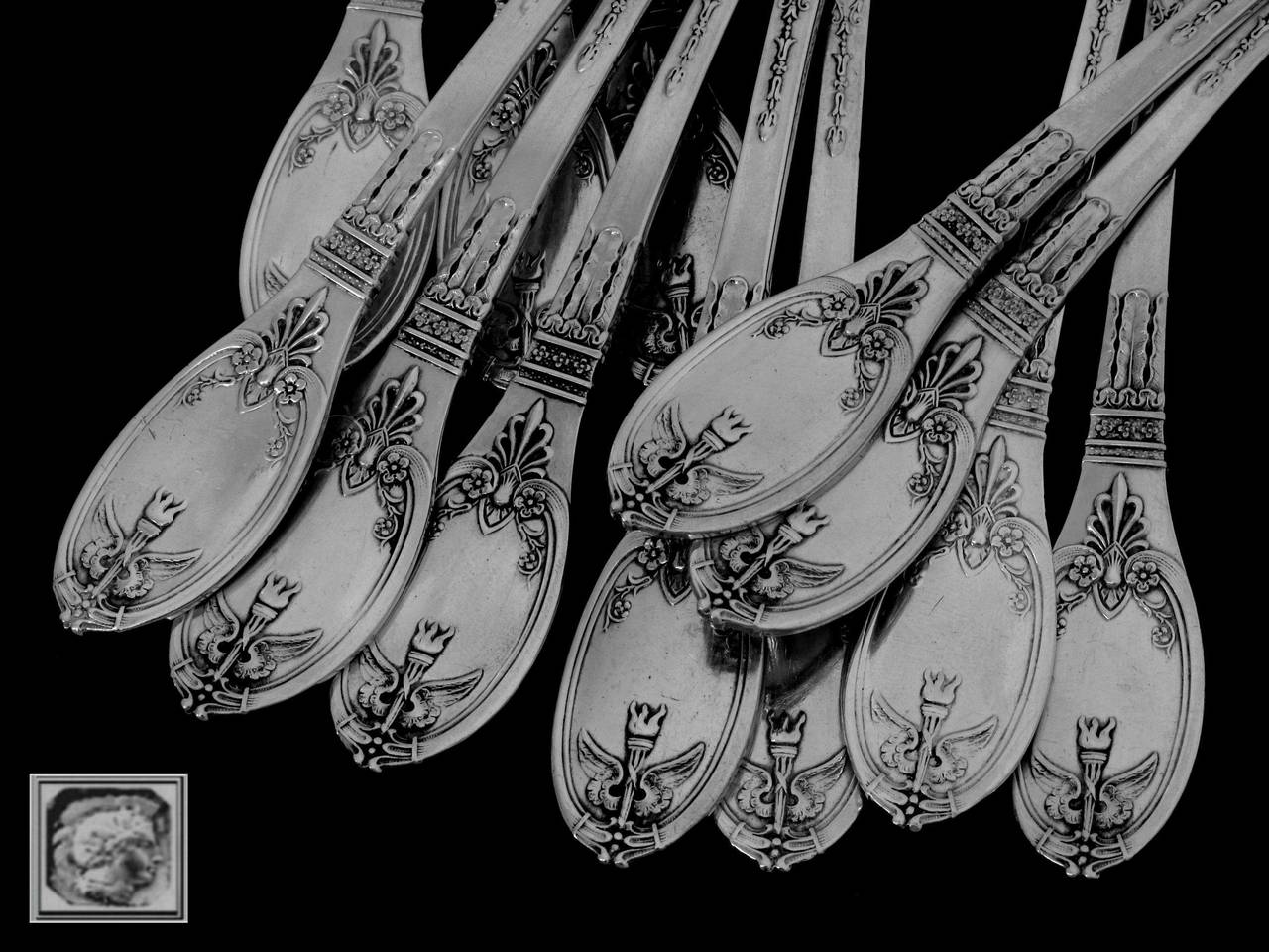Lapparra French Sterling Silver Tea/Coffee Spoons Set 12 pc w/box Empire 6