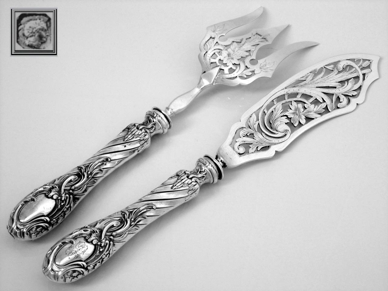 Women's or Men's Lefevre Gorgeous French Sterling Silver Fish Servers 2 pc Rococo For Sale