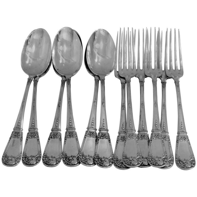 Fabulous French Sterling Silver Dessert Flatware 12 pc w/box Musical Instruments For Sale