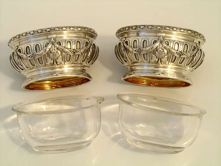 PUIFORCAT Top French Sterling Silver Vermeil Salt Cellars Pair Louis XVI pattern 1