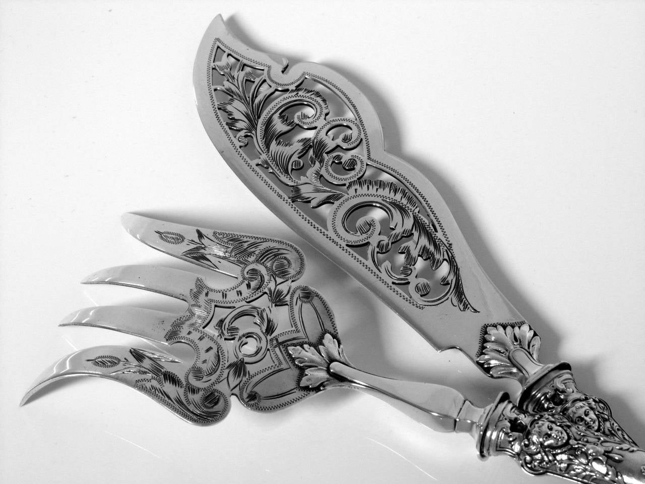 Huignard Fabulous French Sterling Silver Fish Servers 2 pc Dolphin, Mascaron For Sale 1