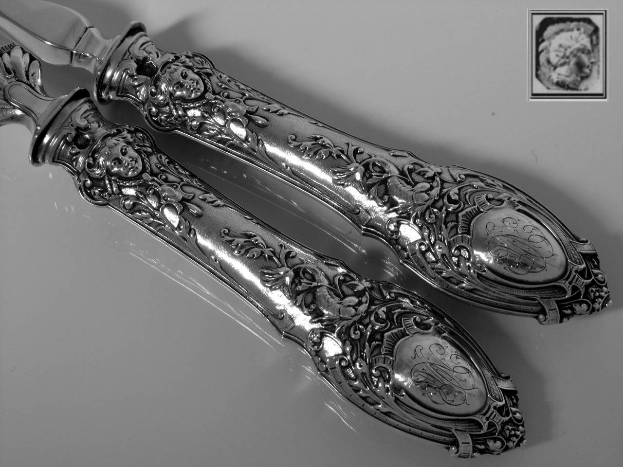 Huignard Fabulous French Sterling Silver Fish Servers 2 pc Dolphin, Mascaron For Sale 2