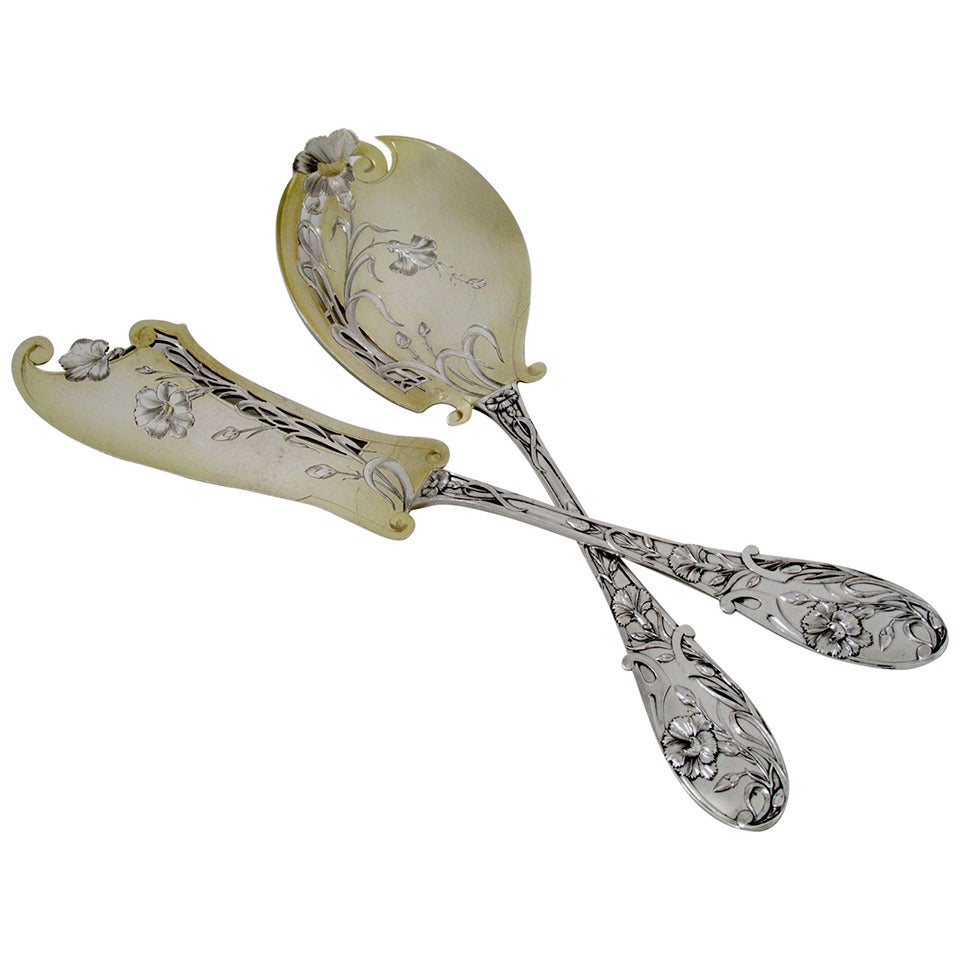 Labat Rare French All Sterling Silver Vermeil Ice Cream Set 2 pc Art Nouveau For Sale