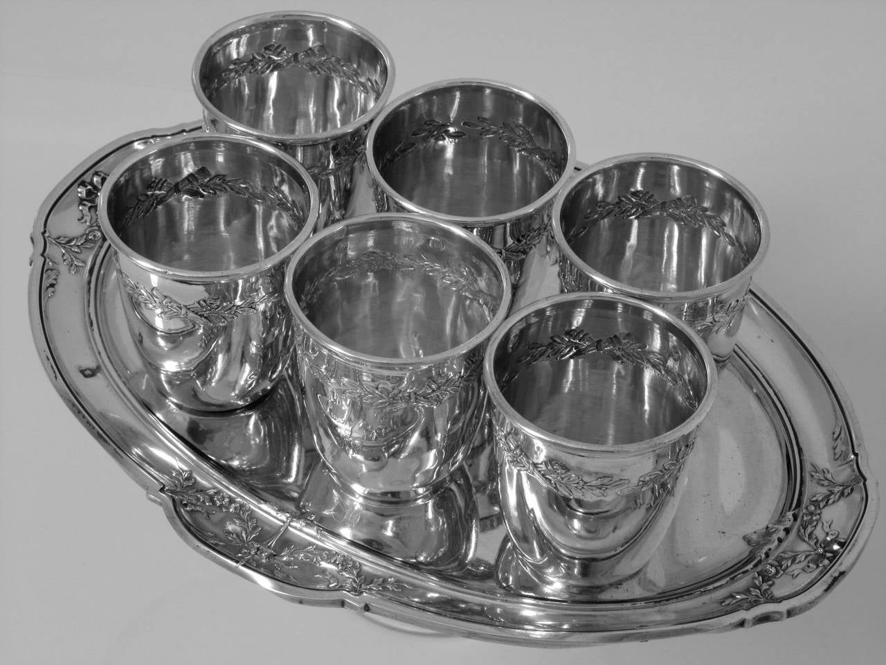Women's or Men's Bergeron French All Sterling Silver Liquor Cups 6 pc w/ Original Tray Louis XVI