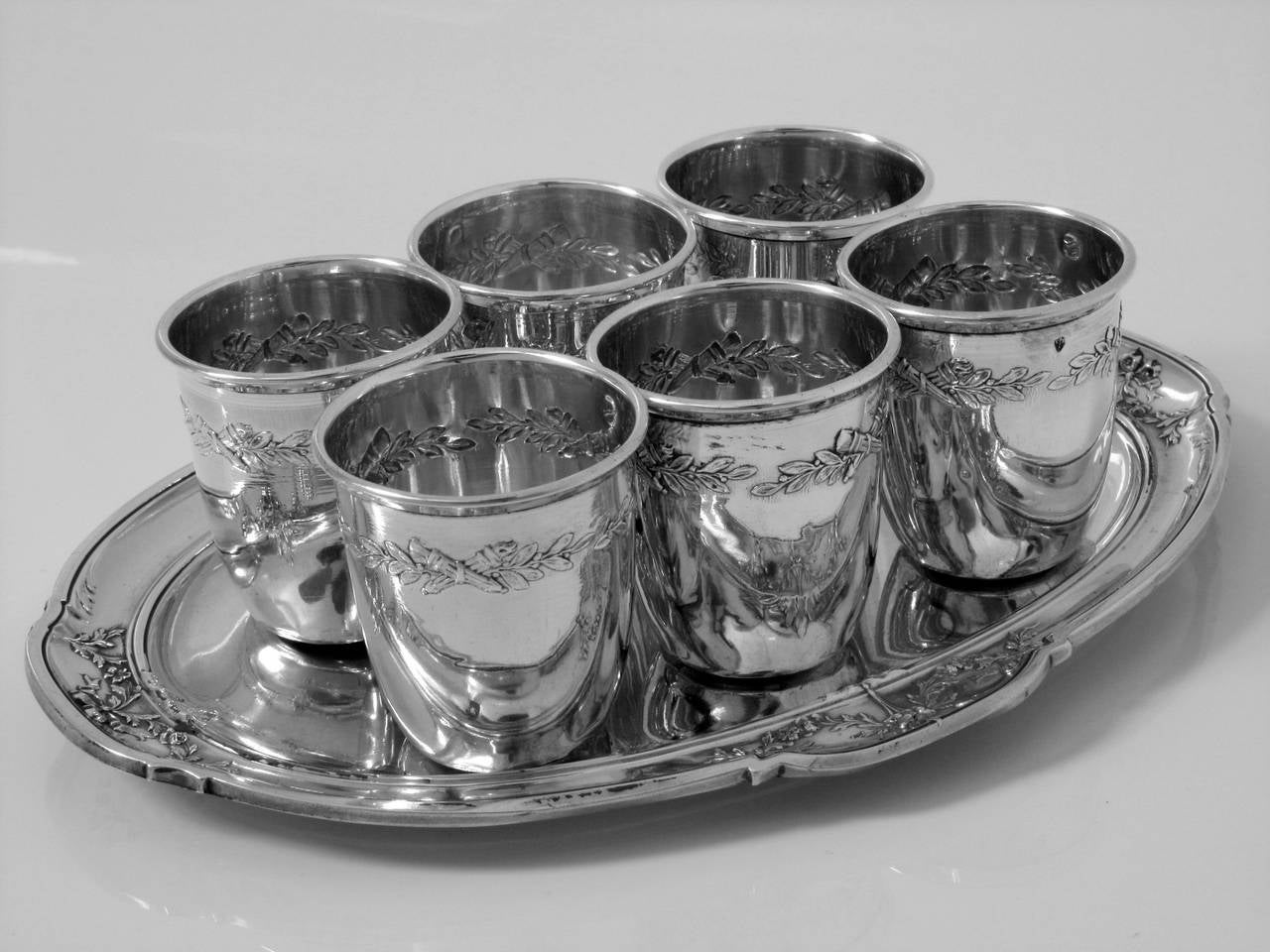 Neoclassical Bergeron French All Sterling Silver Liquor Cups 6 pc w/ Original Tray Louis XVI