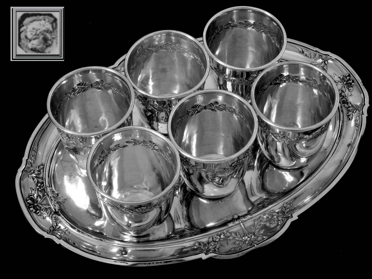 Bergeron French All Sterling Silver Liquor Cups 6 pc w/ Original Tray Louis XVI In Good Condition In Triaize, Pays de Loire