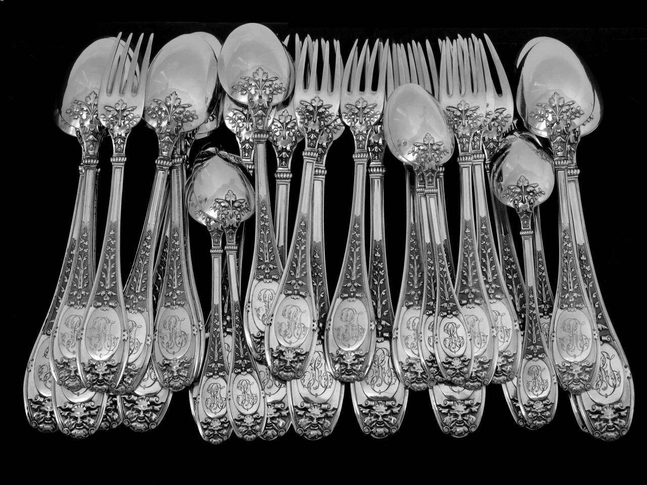Henin Incredible French Sterling Silver Flatware Set 61 pc Mascaron with Chest 4