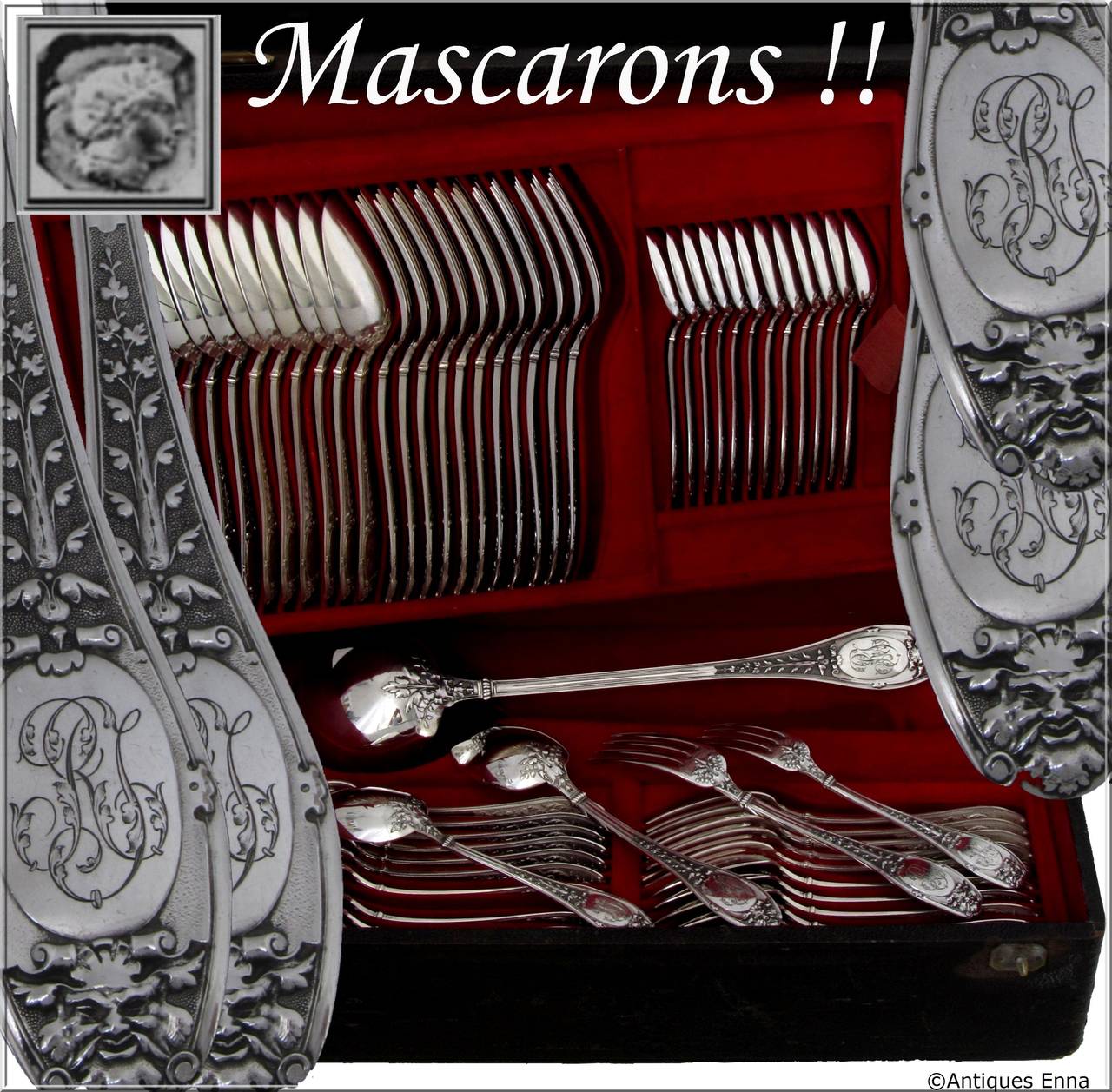 HENIN Incredible French Sterling Silver Flatware Set 61 pc with chest Mascarons

Head of Minerve 1 st titre for 950/1000 French Sterling Silver guarantee

Handles have fantastic decoration in the Renaissance style on a stippled backround on one