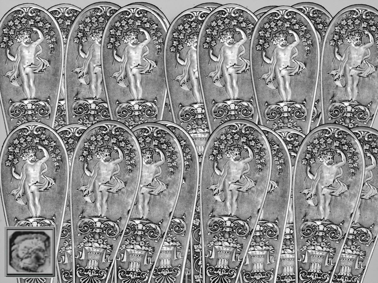 Women's or Men's Queille Masterpiece French Sterling Silver Dinner Flatware 36 pc Swan, Putti
