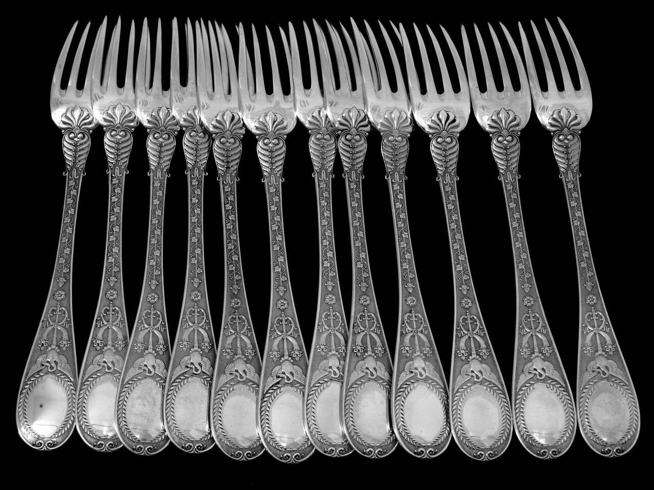 Empire Queille Masterpiece French Sterling Silver Dinner Flatware 36 pc Swan, Putti