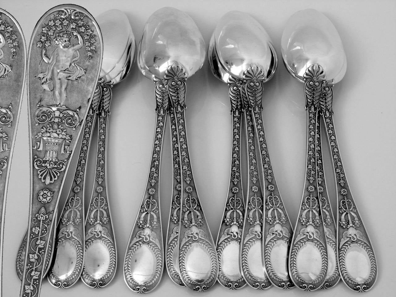 Queille Masterpiece French Sterling Silver Dinner Flatware 36 pc Swan, Putti 4