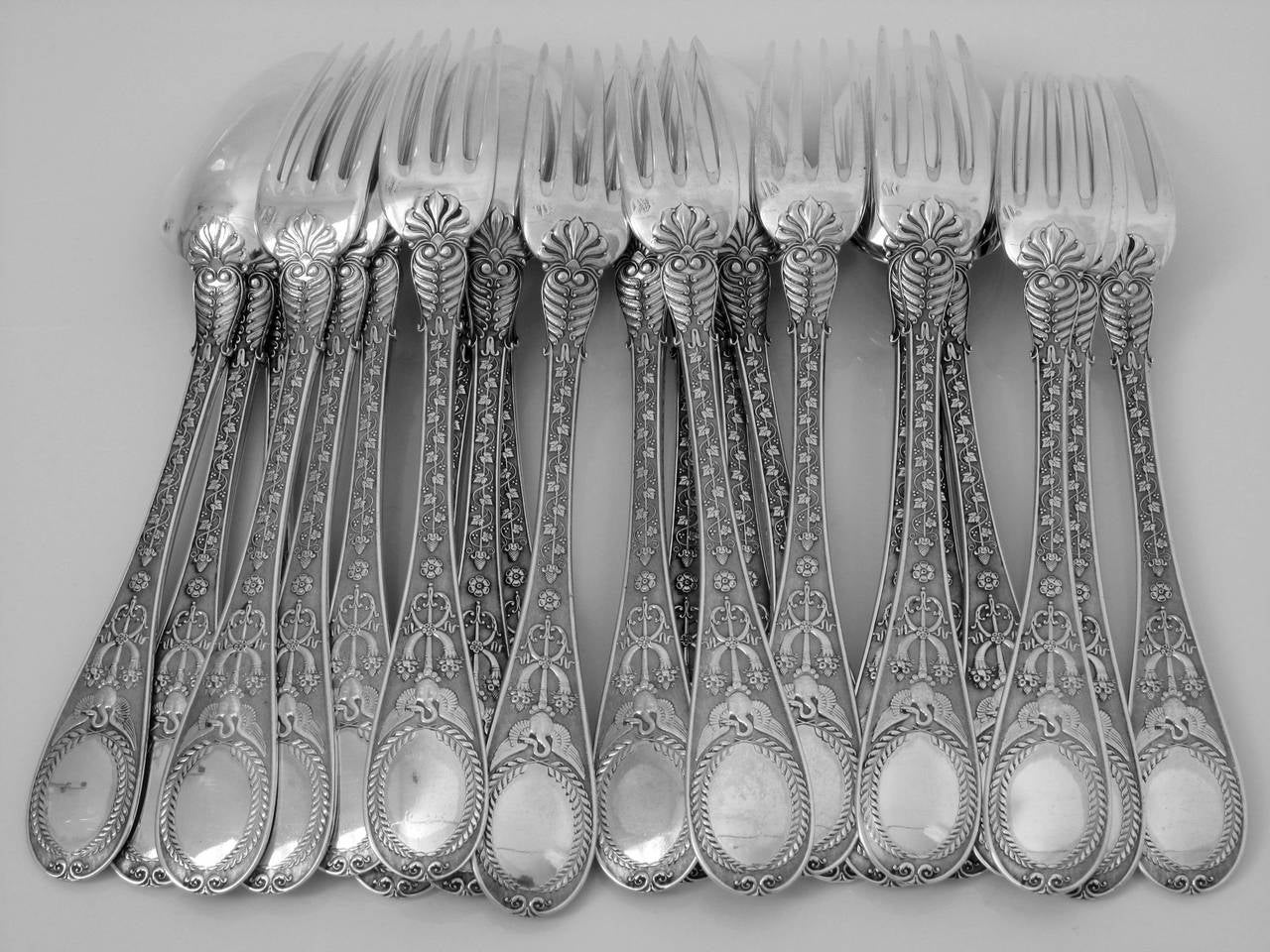 Queille Masterpiece French Sterling Silver Dinner Flatware 36 pc Swan, Putti 5