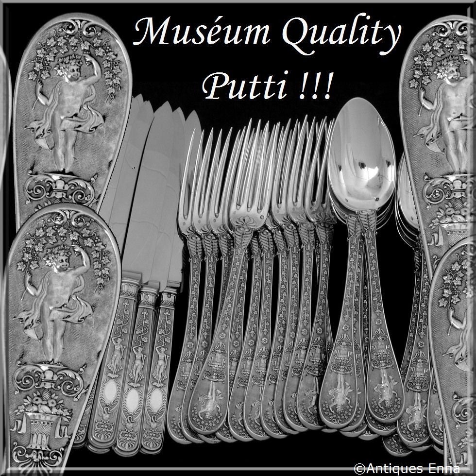QUEILLE Masterpiece French Sterling Silver Dinner Flatware 36 pc Swan, Putti

Extremely rare flatware of truly exceptional quality, for the richness of Empire pattern. Handle decorated on a stippled backround with grape-vines, flowers and