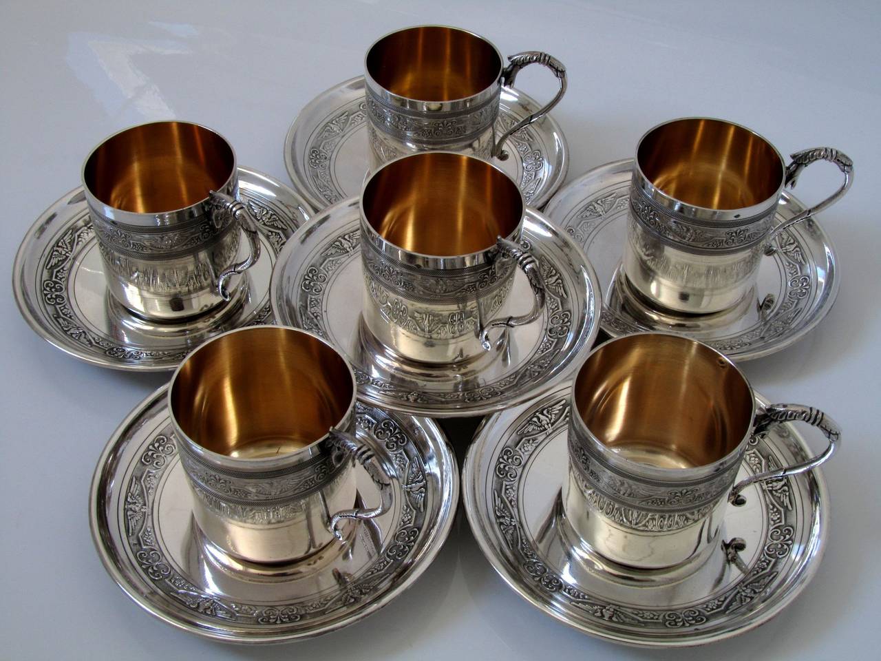 Empire Molle French Sterling Silver Vermeil 6 Coffee Tea Cups w/Saucers Imperial Eagles For Sale