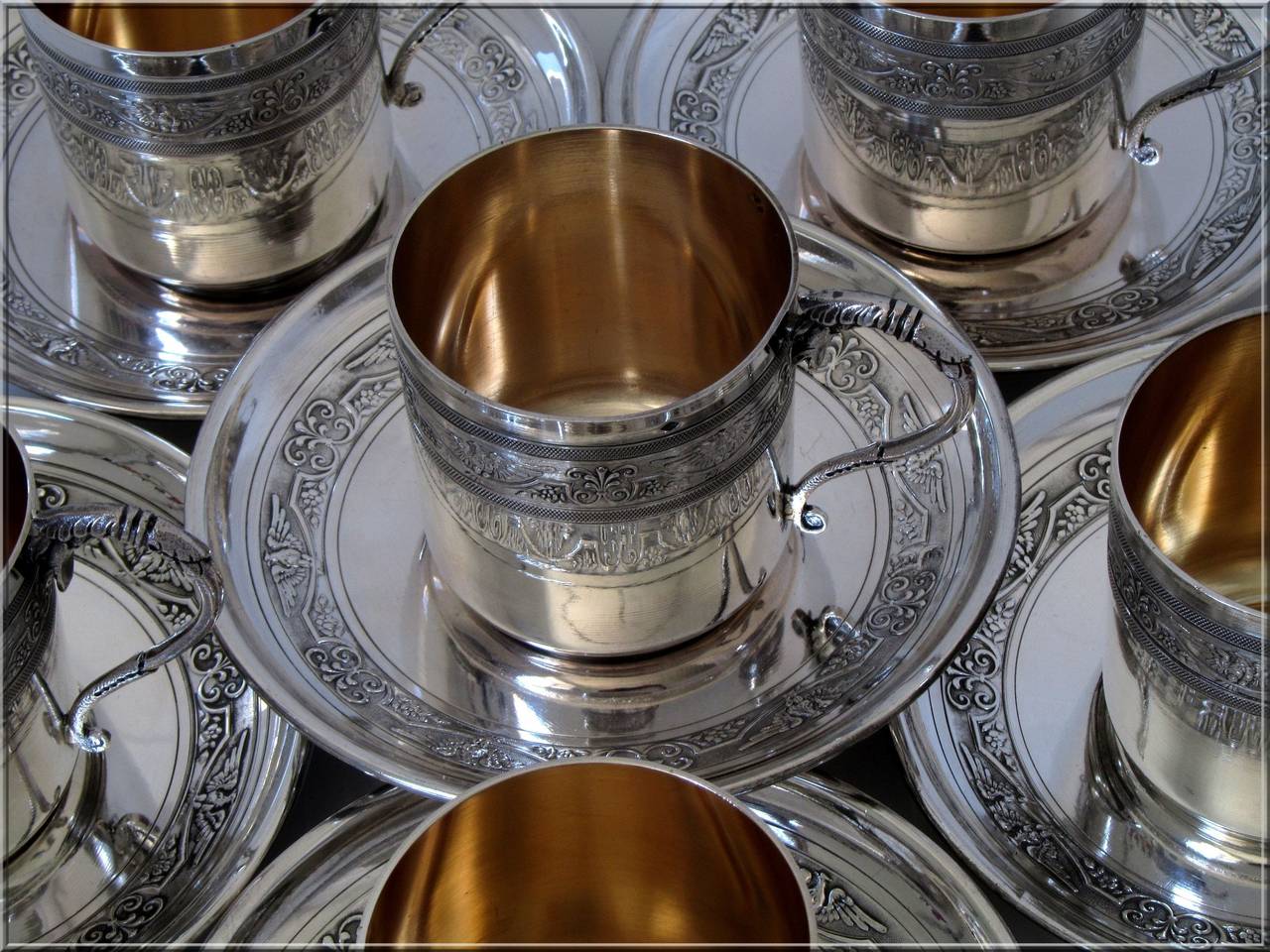 Molle French Sterling Silver Vermeil 6 Coffee Tea Cups w/Saucers Imperial Eagles For Sale 3