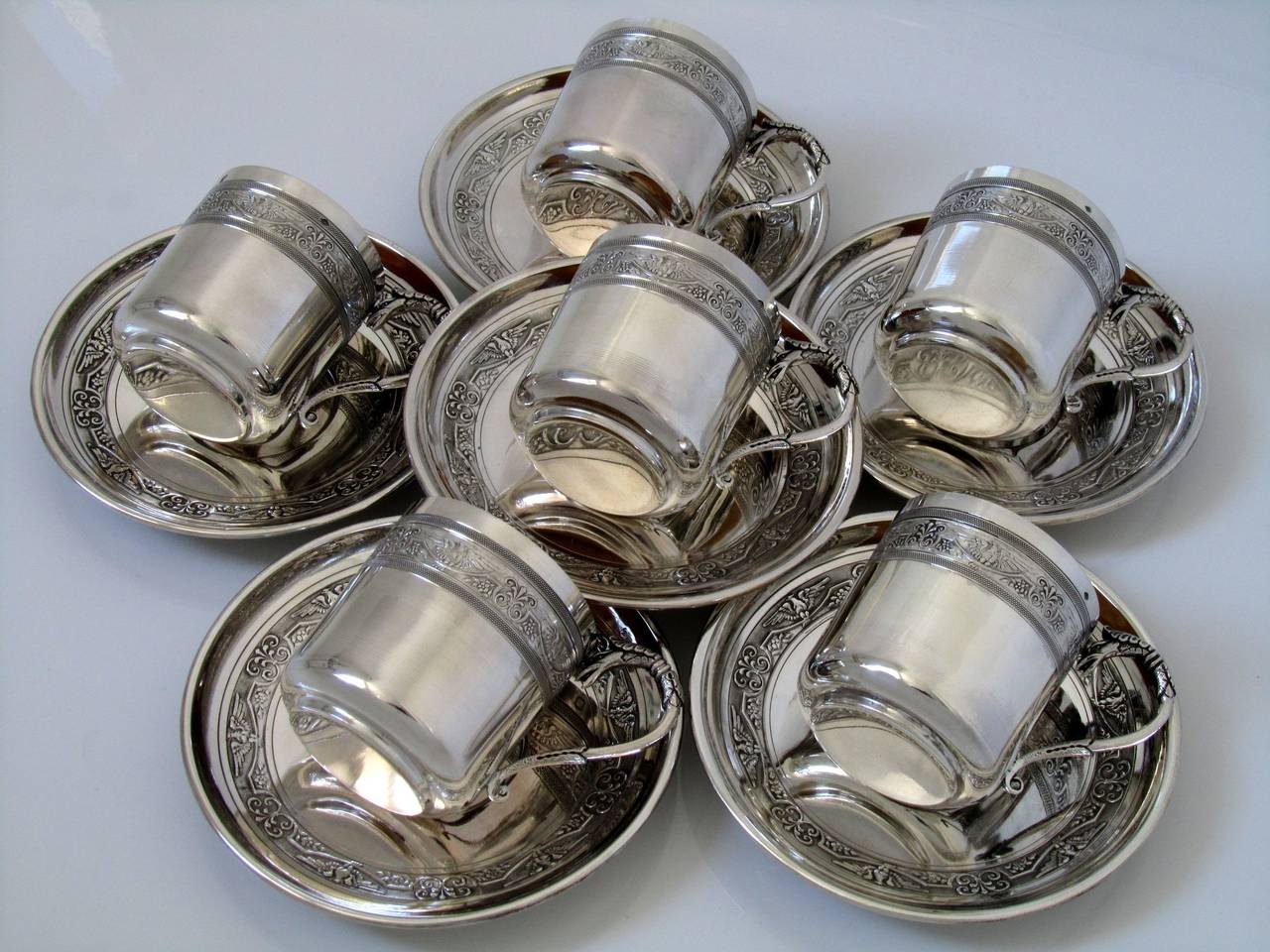 Molle French Sterling Silver Vermeil 6 Coffee Tea Cups w/Saucers Imperial Eagles For Sale 5