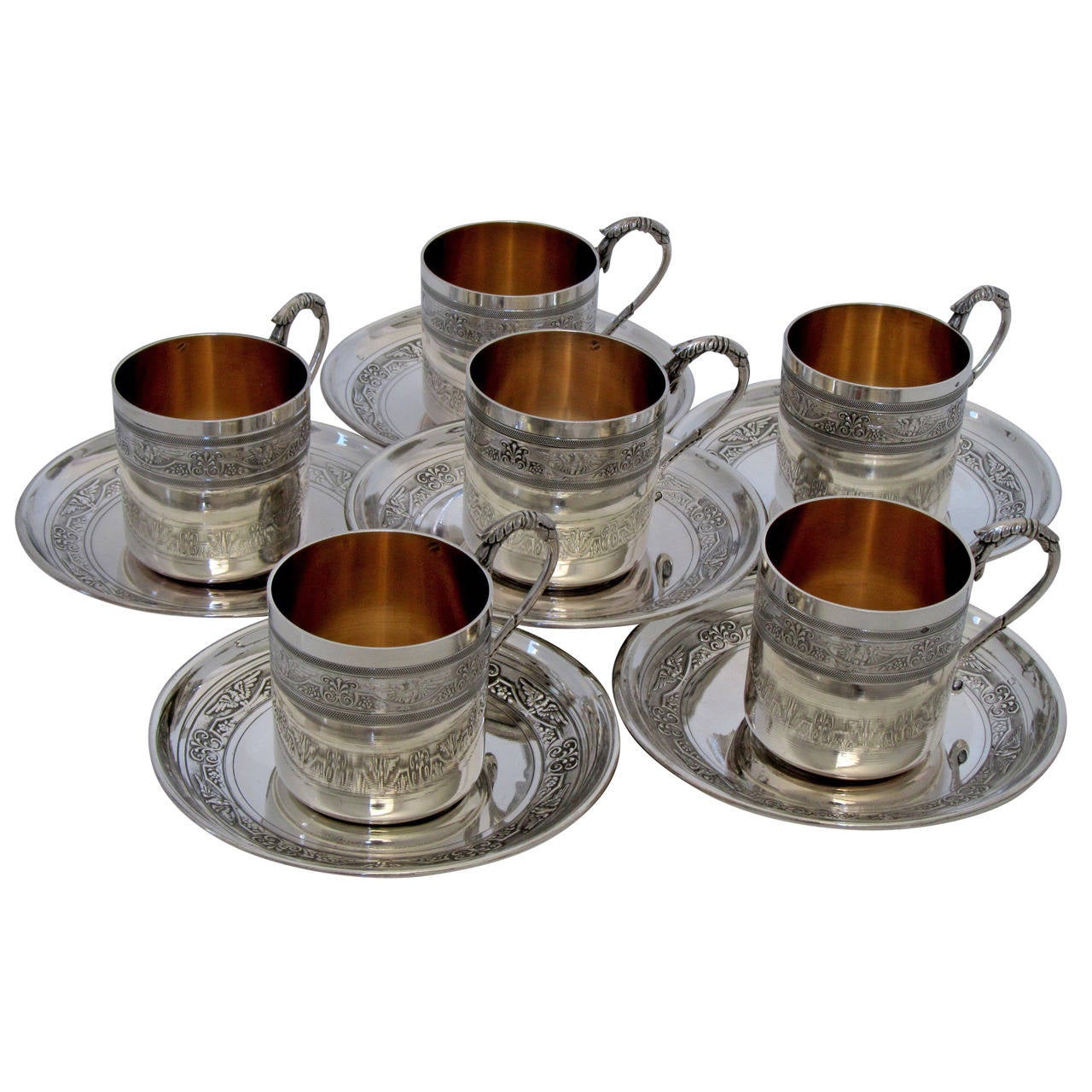 Molle French Sterling Silver Vermeil 6 Coffee Tea Cups w/Saucers Imperial Eagles For Sale