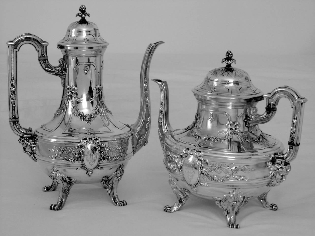 Tetard Fabulous French All Sterling Silver Tea & Coffee Service 4 pc Bacchus 4