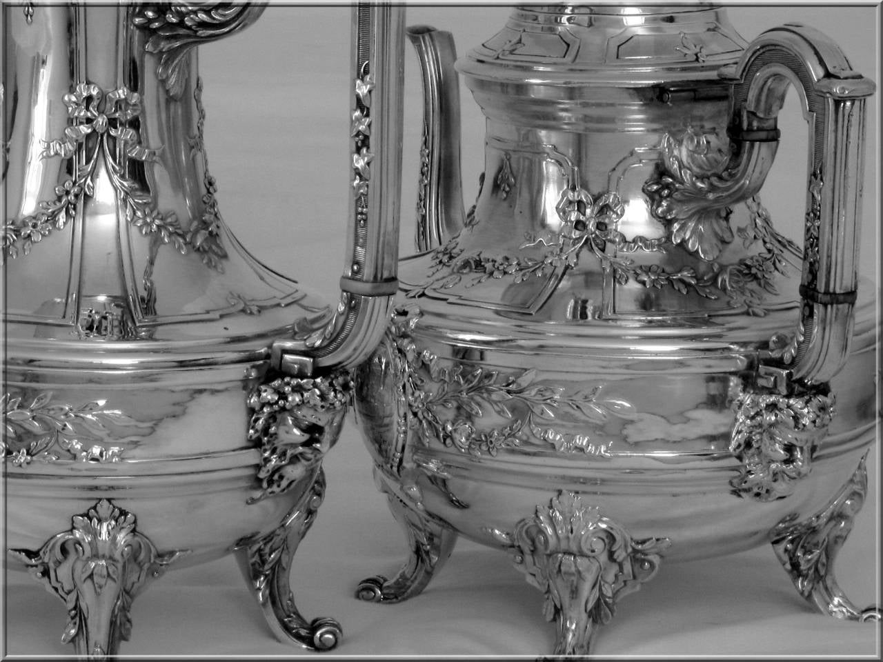 Tetard Fabulous French All Sterling Silver Tea & Coffee Service 4 pc Bacchus 2