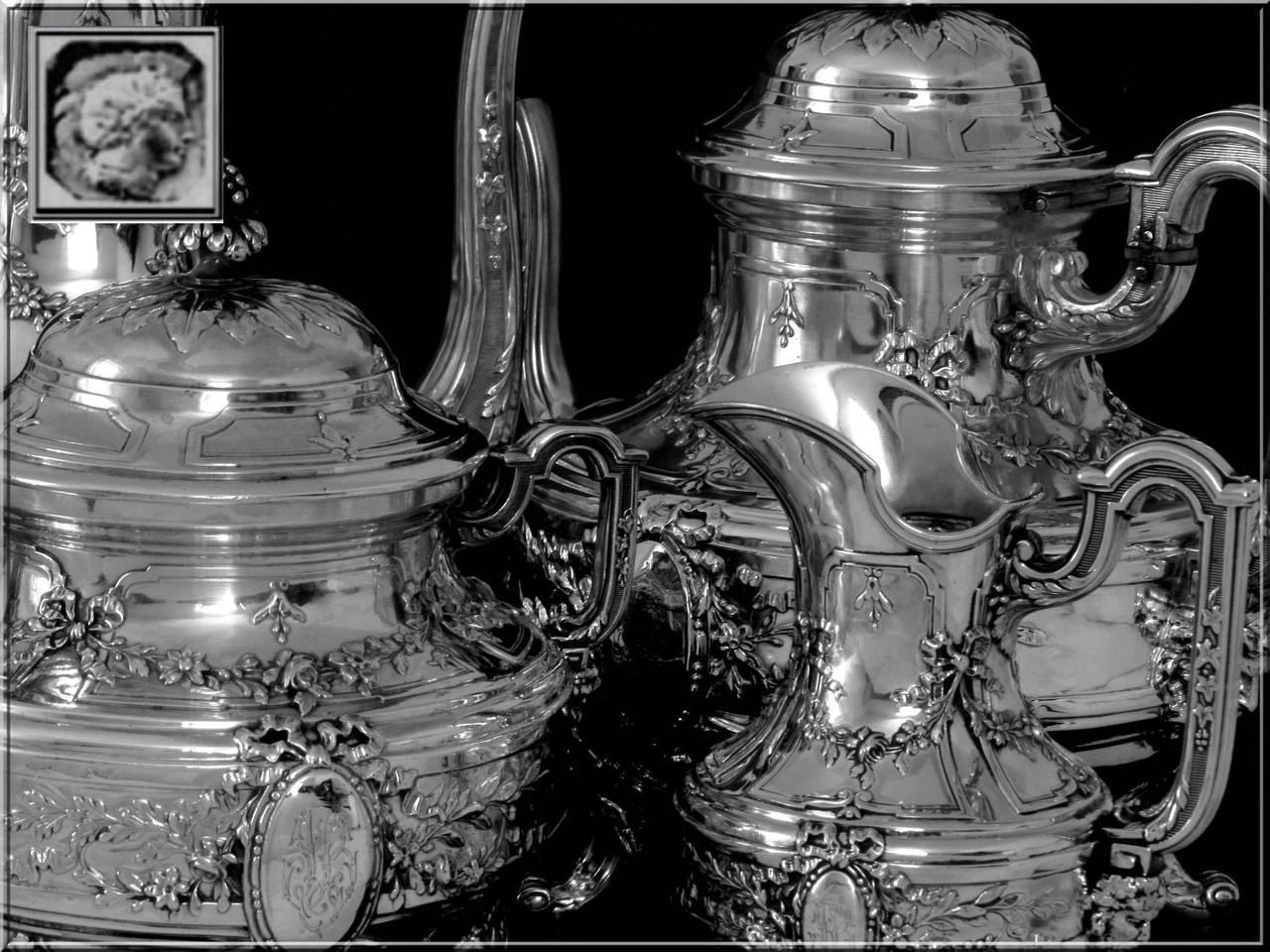 Neoclassical Tetard Fabulous French All Sterling Silver Tea & Coffee Service 4 pc Bacchus
