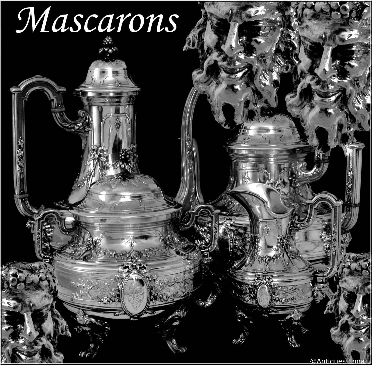 Tetard Fabulous French All Sterling Silver Tea & Coffee Service 4 pc Bacchus

A rare tea and coffee service 4 pc with fabulous and exaggerated Neoclassical pattern with Bacchus, ribbons, and foliage decoration. The set includes a Coffee pot, a