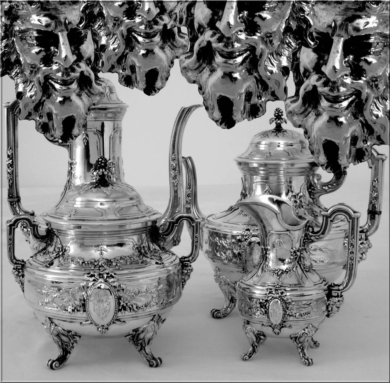 Tetard Fabulous French All Sterling Silver Tea & Coffee Service 4 pc Bacchus 1