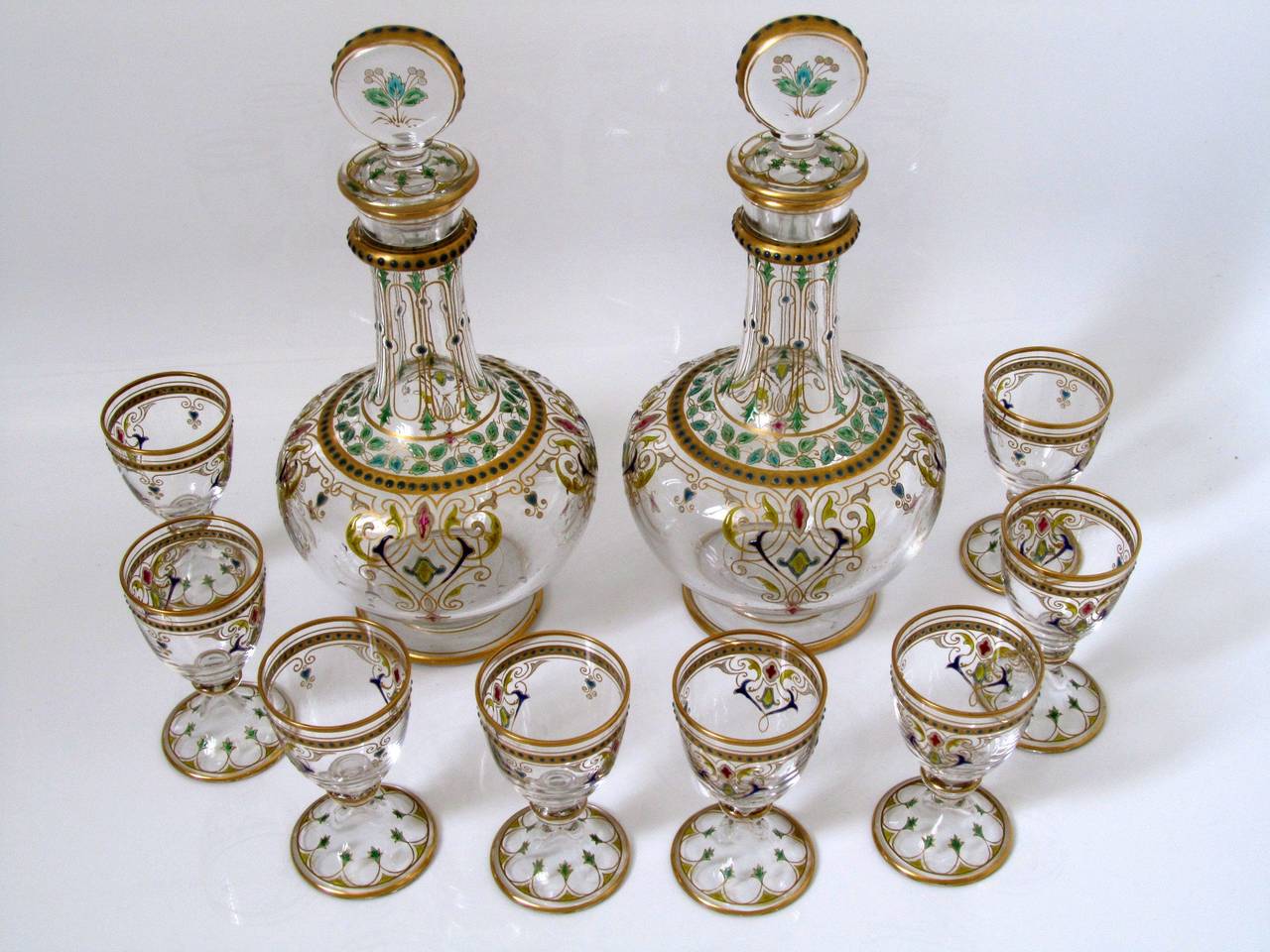 1870s Exceptional French Baccarat Enameled Crystal Liquor Service 4