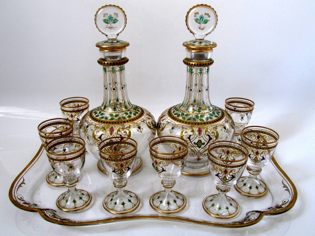 1870s Exceptional French Baccarat Enameled Crystal Liquor Service 5