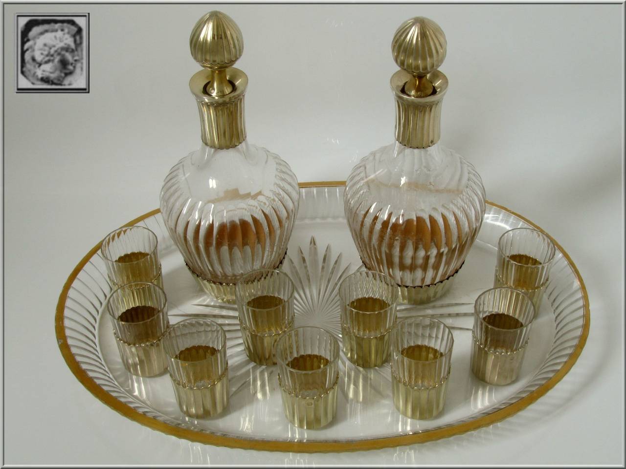 Women's or Men's Rare French Sterling Silver Vermeil Baccarat Cut Crystal Liquor Service