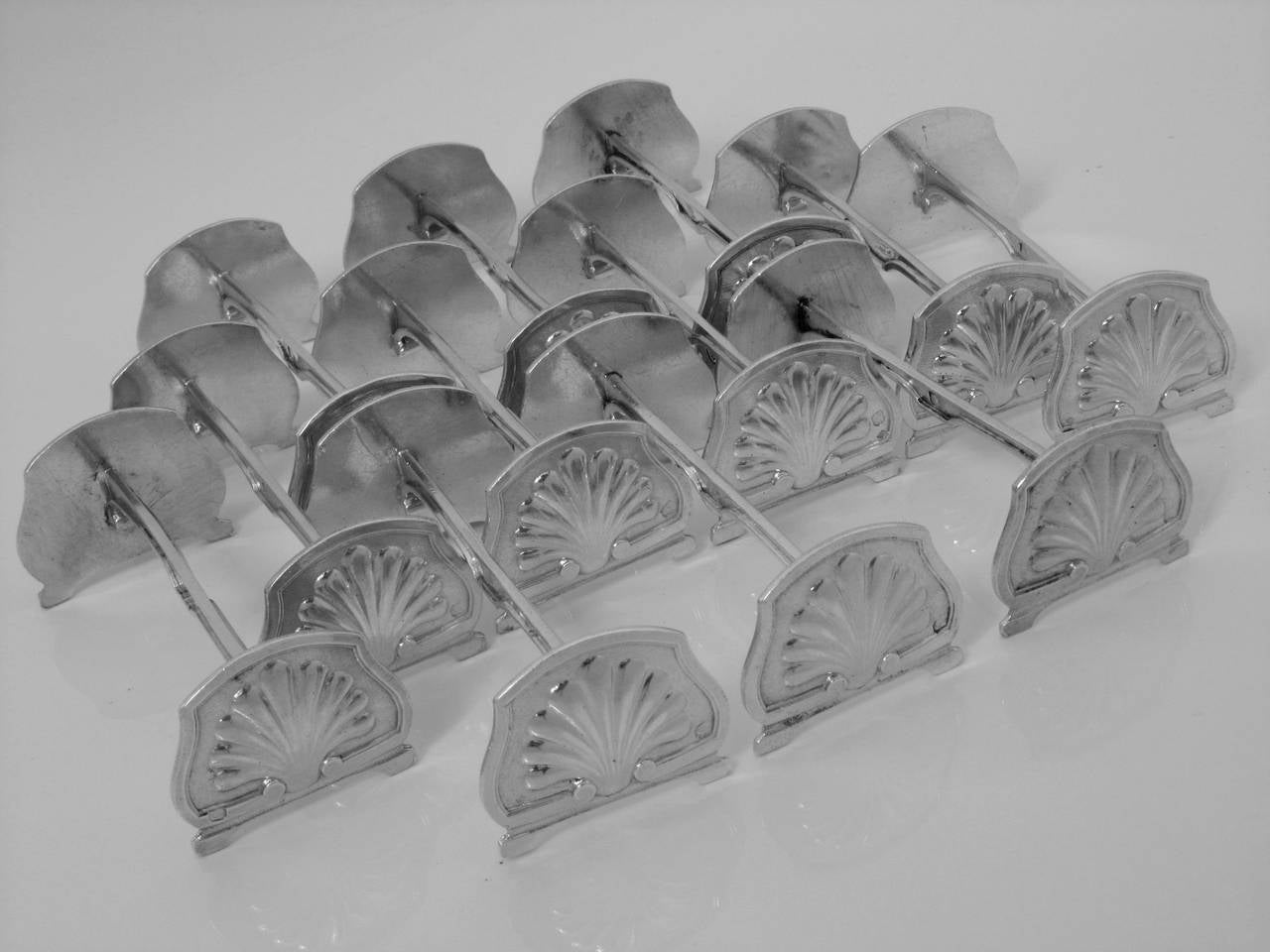 Rococo Gorgeous French All Sterling Silver Knife Rests Set 12 pc Shells Model For Sale