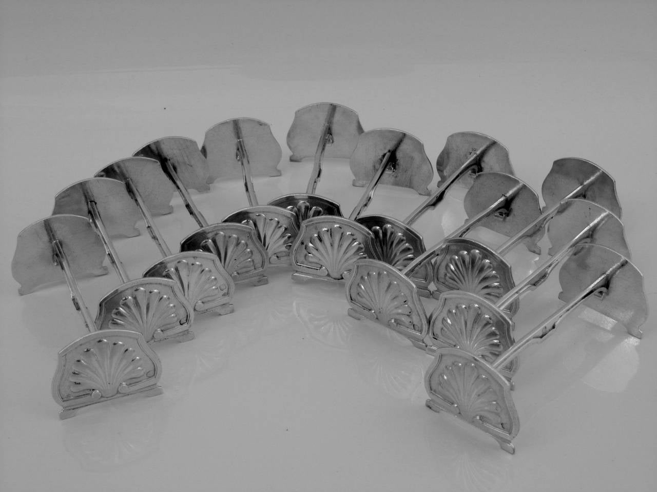 Gorgeous French All Sterling Silver Knife Rests Set 12 pc Shells Model For Sale 4