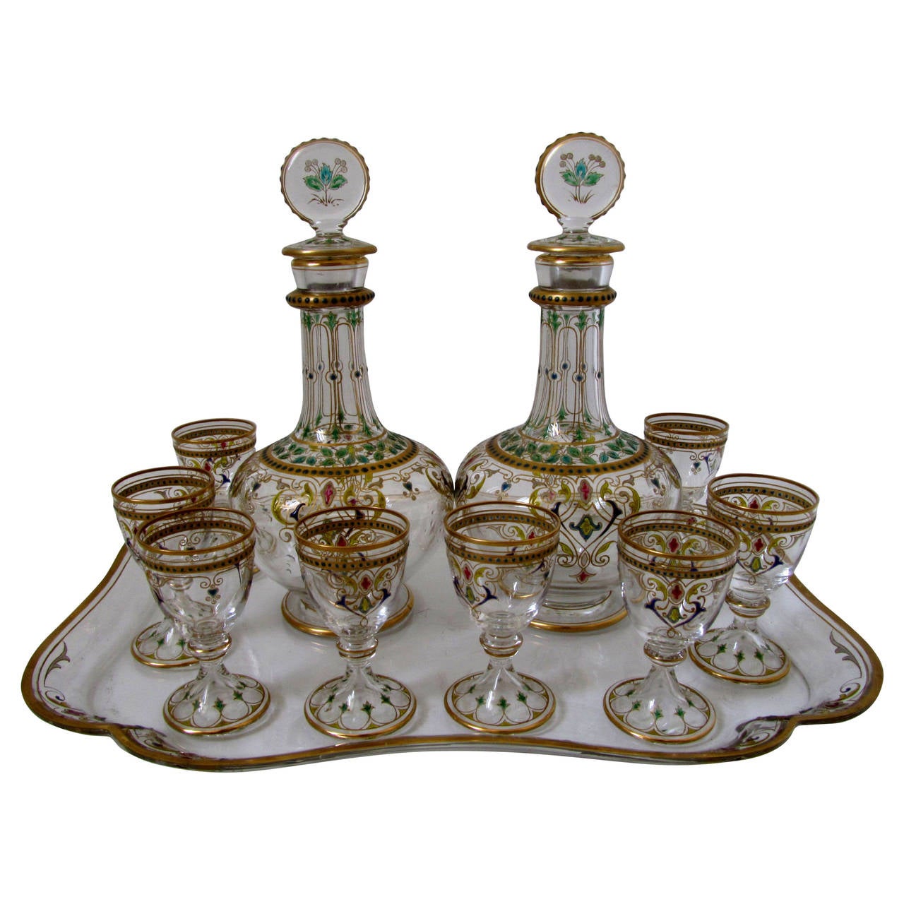 1870s Exceptional French Baccarat Enameled Crystal Liquor Service