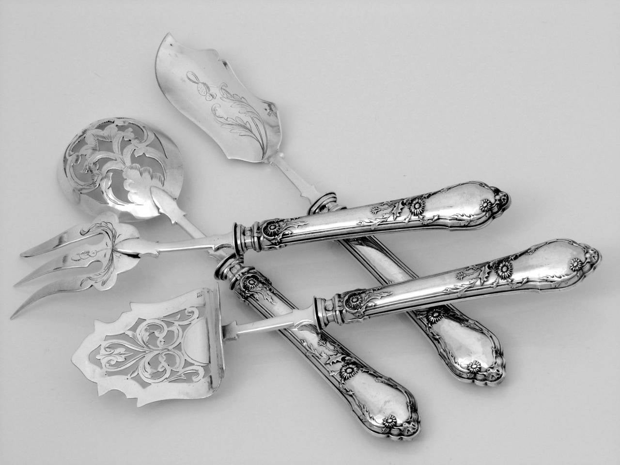 Gorgeous French Sterling Silver Dessert/Hors d'Oeuvre Set 4 pc Art Nouveau For Sale 3