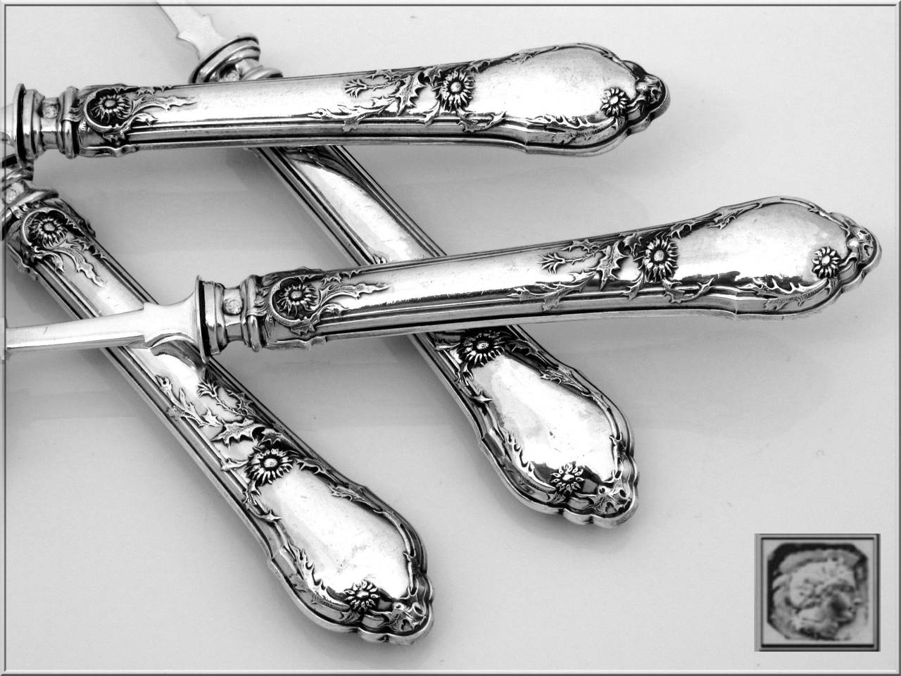 Gorgeous French Sterling Silver Dessert/Hors d'Oeuvre Set 4 pc Art Nouveau In Good Condition For Sale In Triaize, Pays de Loire