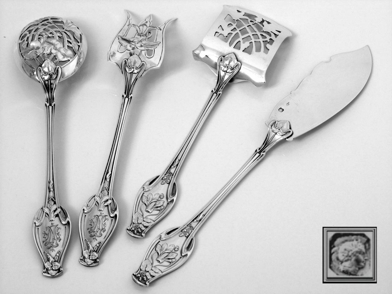 Soufflot Masterpiece French All Sterling Silver Dessert Set 4 pc chest Cyclamen For Sale 3