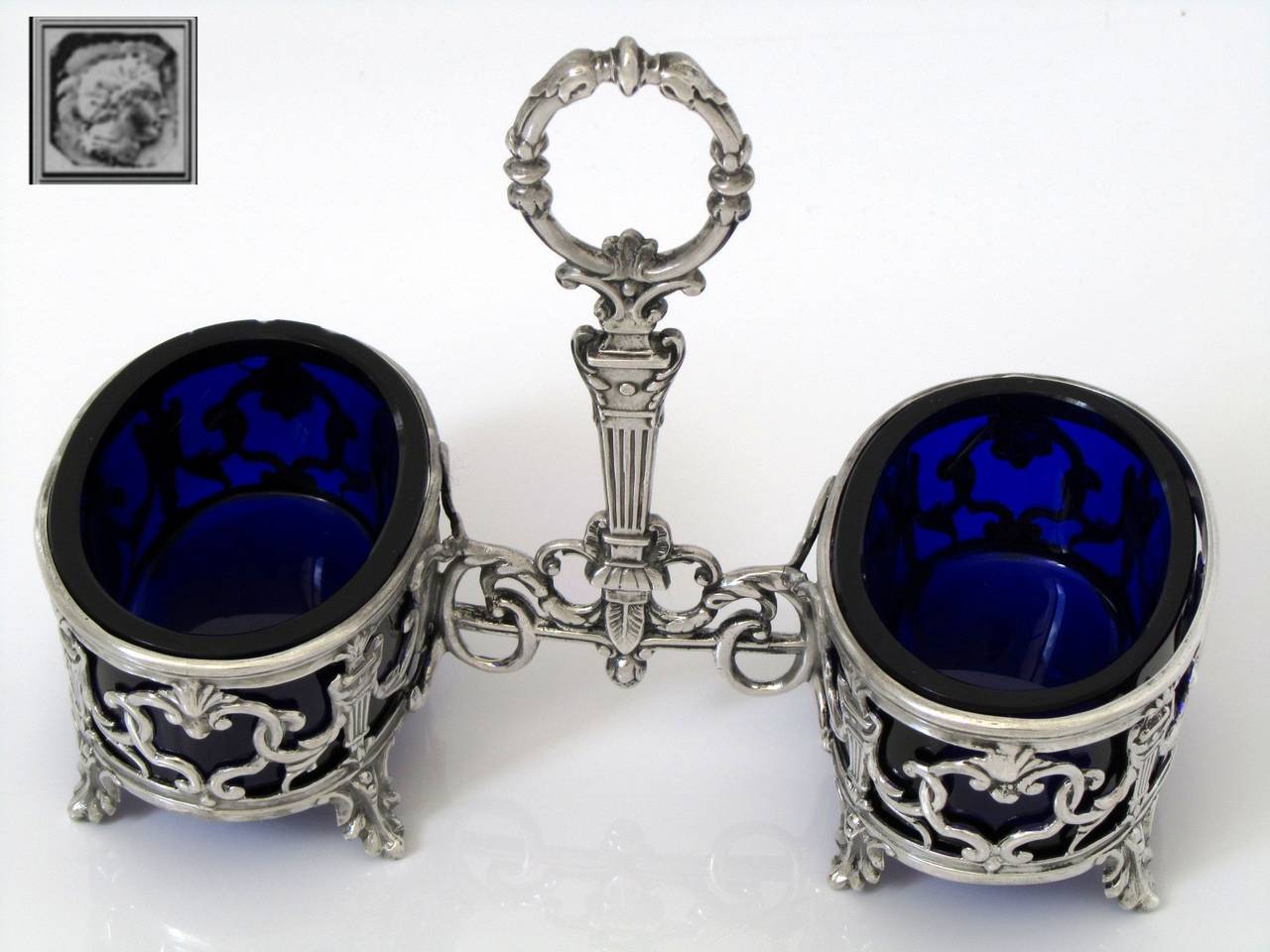 Women's or Men's Antique French Sterling Silver and Cobalt Glass Open Salt Caddy Napoleon III For Sale