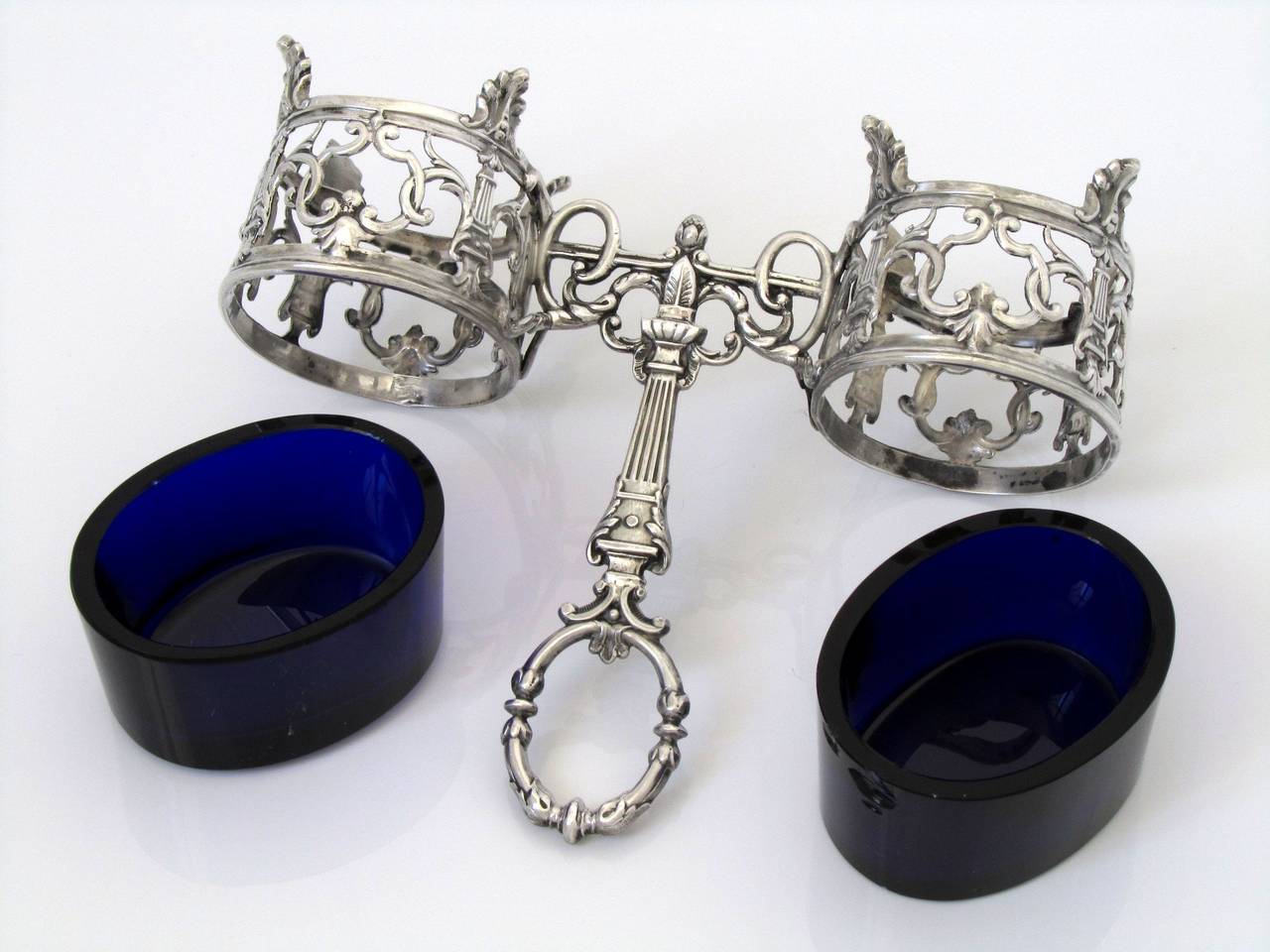 Antique French Sterling Silver and Cobalt Glass Open Salt Caddy Napoleon III For Sale 1