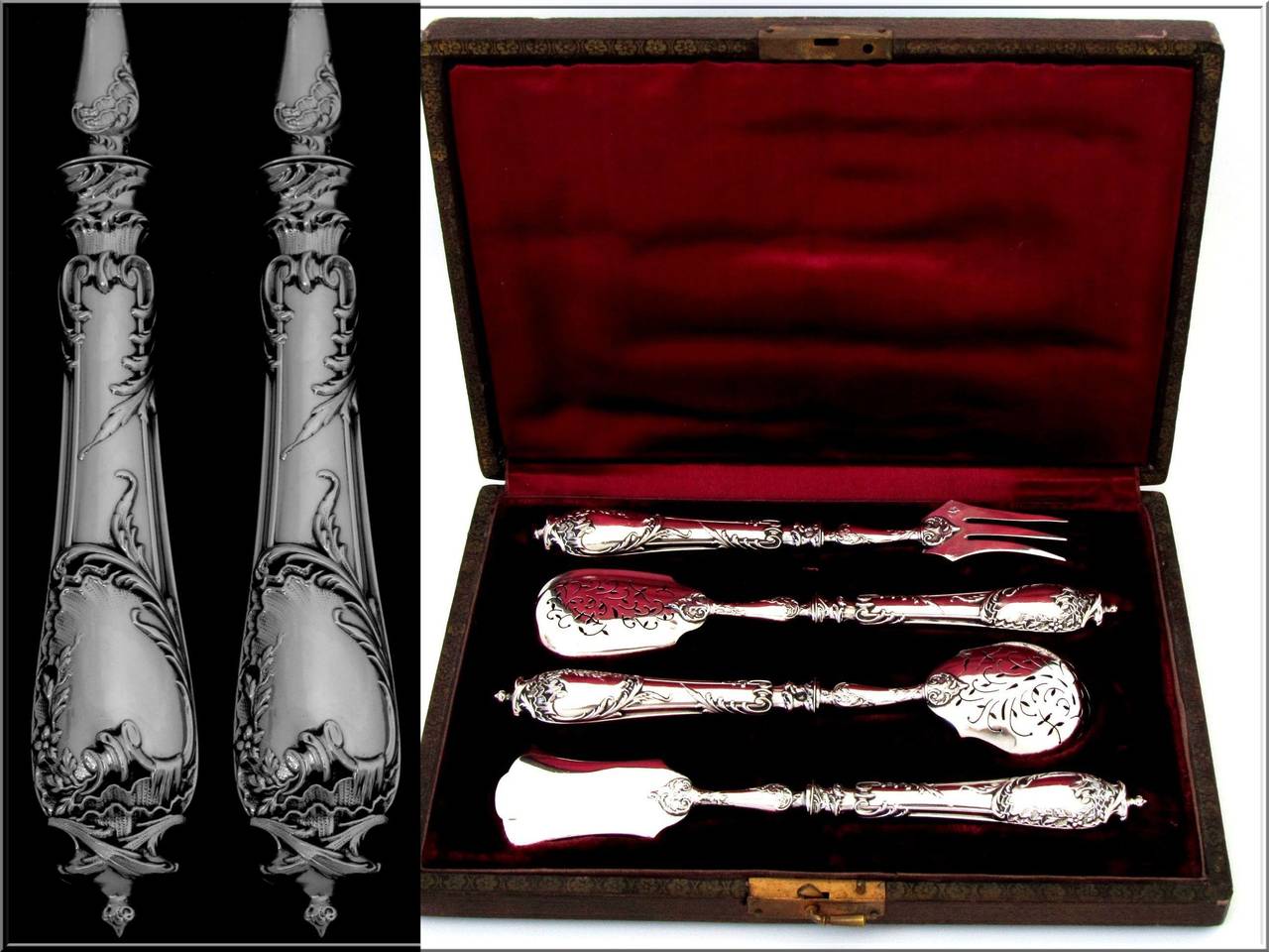 Ravinet French All Sterling Silver Dessert Hors d'Oeuvre Set 4 pc w/box Rococo For Sale 3