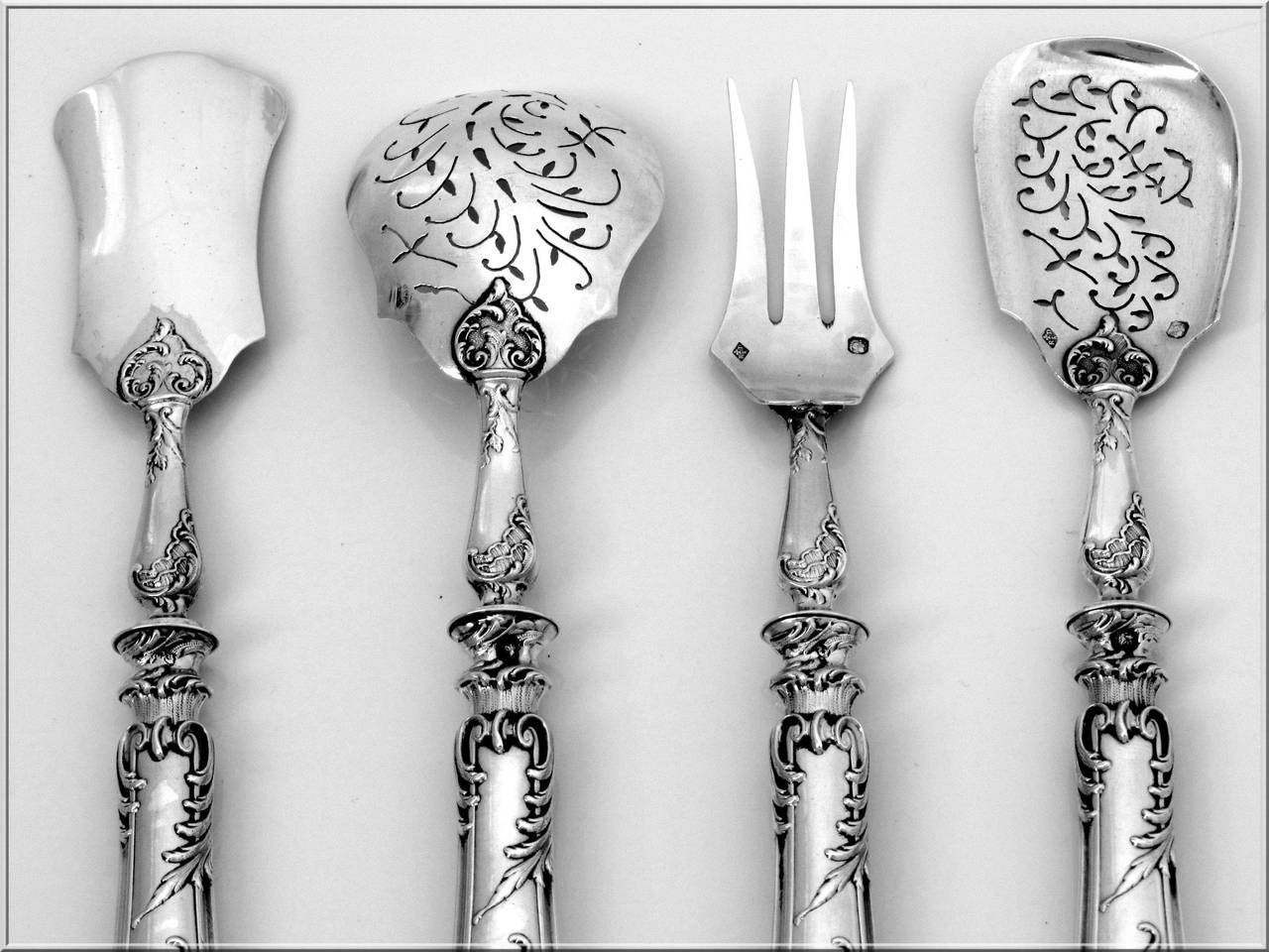 Ravinet French All Sterling Silver Dessert Hors d'Oeuvre Set 4 pc w/box Rococo For Sale 5