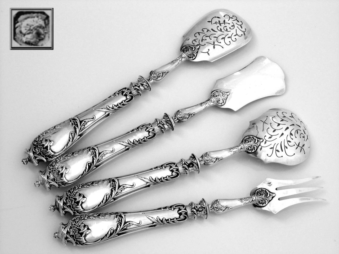 Ravinet French All Sterling Silver Dessert Hors d'Oeuvre Set 4 pc w/box Rococo In Good Condition For Sale In Triaize, Pays de Loire