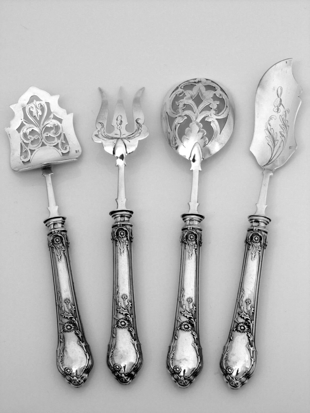 Gorgeous French Sterling Silver Dessert/Hors d'Oeuvre Set 4 pc Art Nouveau For Sale 5