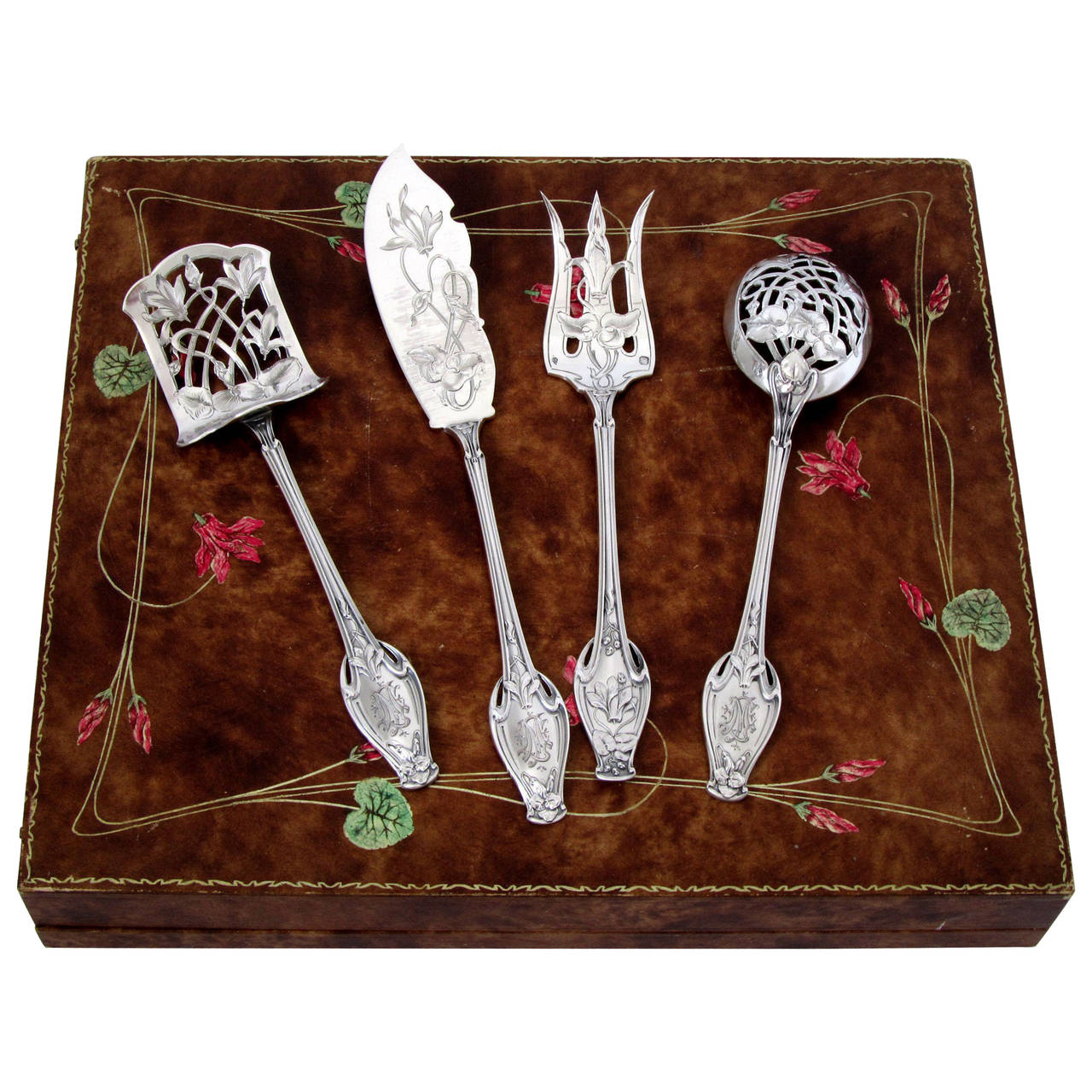 Soufflot Masterpiece French All Sterling Silver Dessert Set 4 pc chest Cyclamen For Sale