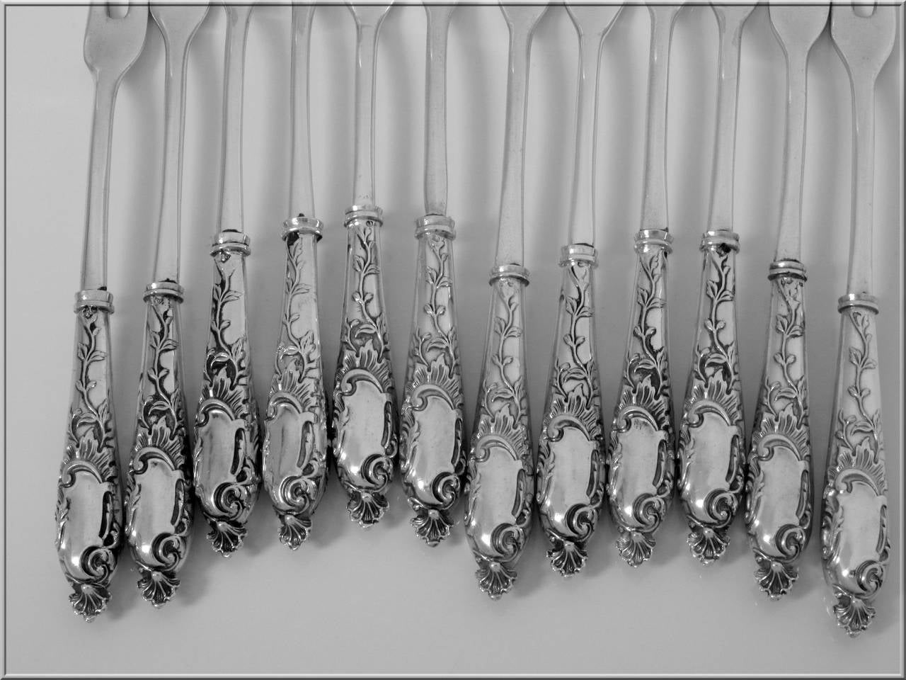 Gabert French Sterling Silver Shellfish Snails Forks Set 12 pc Rococo For Sale 5