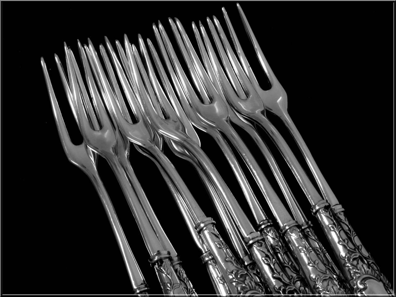 Women's or Men's Gabert French Sterling Silver Shellfish Snails Forks Set 12 pc Rococo For Sale